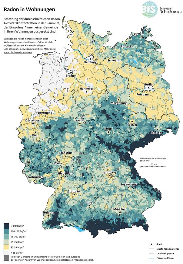 Karte des BfS über Abschätzung der radonbelastung in WohnungenStand Dezember 2023